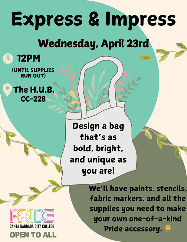 Express and Impress Bag Design - Wednesday, April 23 at noon at the H.U.B. - Click for PDF