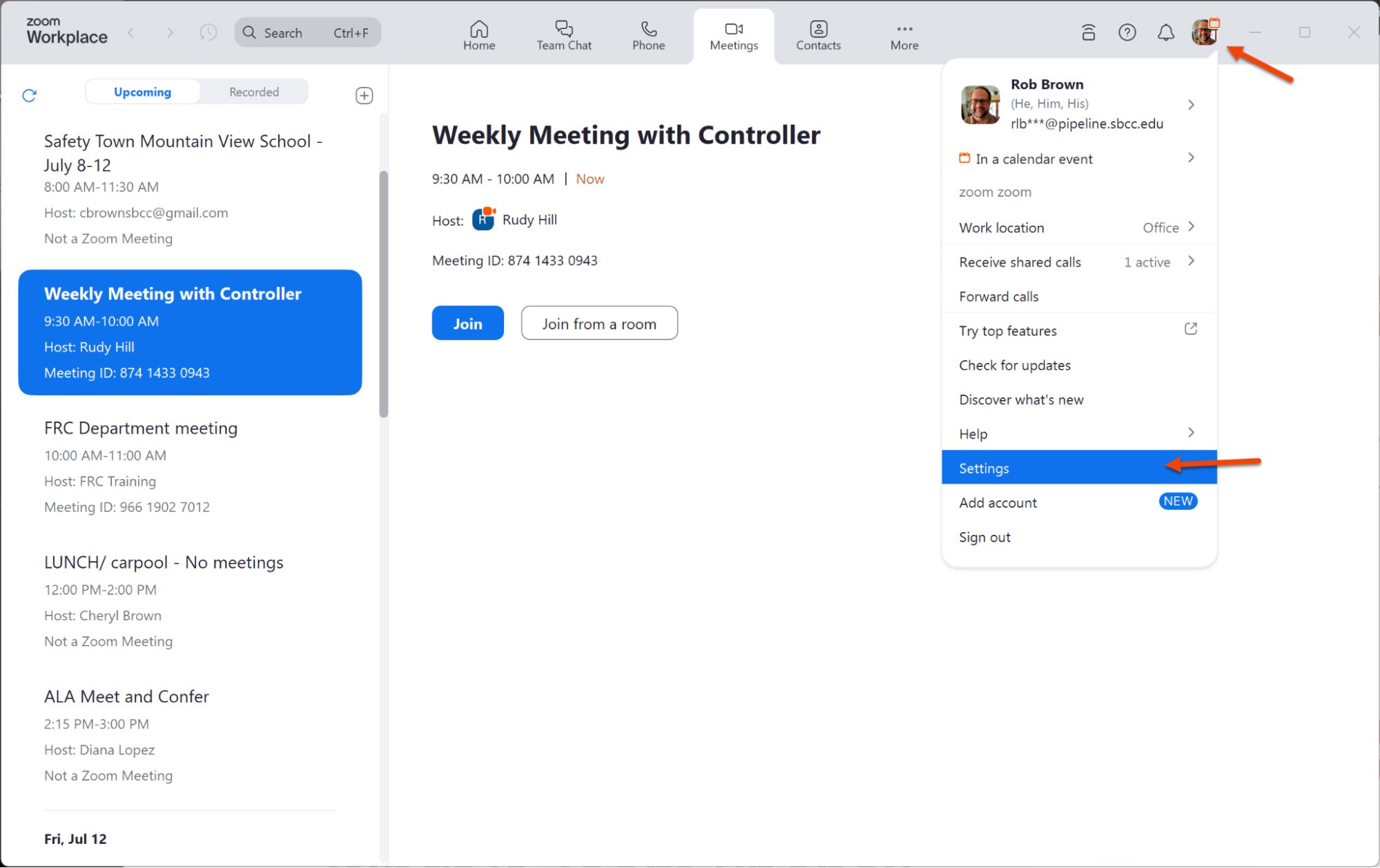 dropdown menu visible on the right side, opened by clicking on the user profile picture (Rob Brown). The dropdown menu shows several options, with "Settings" highlighted: Work location Receive shared calls Forward calls Try top features Check for updates Discover what's new Help Settings (highlighted) Add account (NEW) Sign out